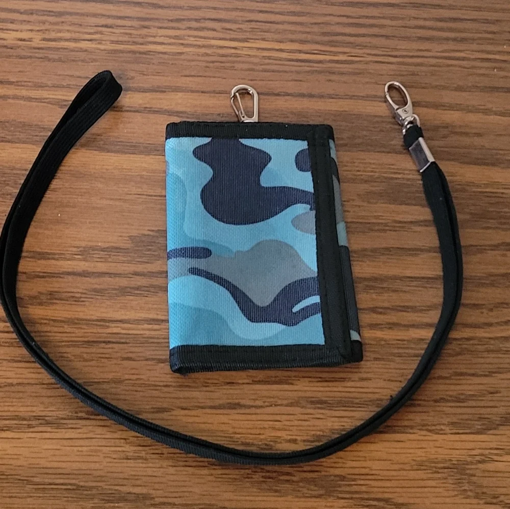 2 pc SET! RFID Blocking Blue Camo Canvas Trifold Wallet & Black Lanyard Strap.